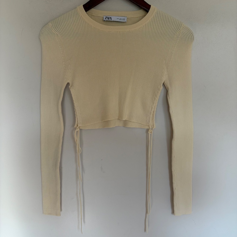 Zara Ribbed Knit Crop Top Cream Yellow Long Sleeve Side Tie Sweater Small